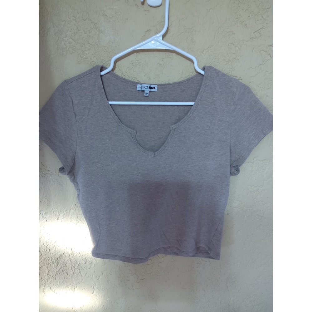 Fashion Nova Women XL Taupe Notch Neck Crop Top Short Sleeve Tee